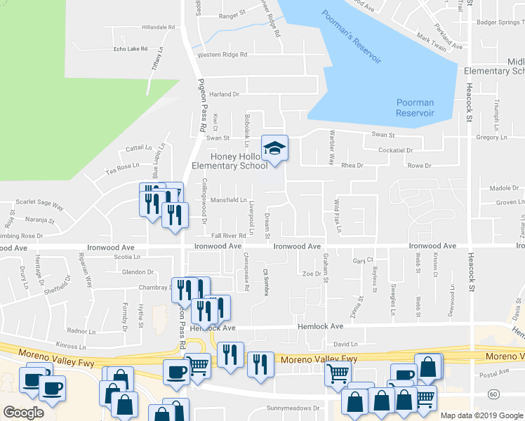 map of restaurants, bars, coffee shops, grocery stores, and more near 11905 Dream Street in Moreno Valley