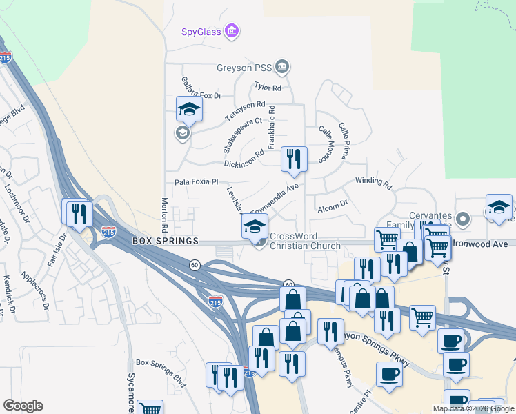 map of restaurants, bars, coffee shops, grocery stores, and more near 21329 Townsendia Avenue in Moreno Valley