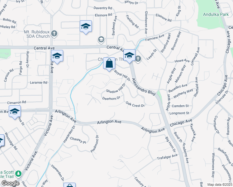 map of restaurants, bars, coffee shops, grocery stores, and more near 2341 Deerhorn Drive in Riverside