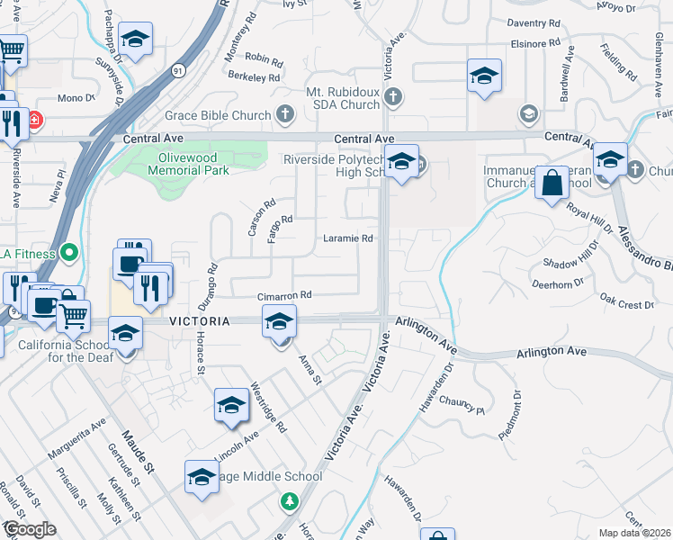 map of restaurants, bars, coffee shops, grocery stores, and more near 2780 Shenandoah Road in Riverside