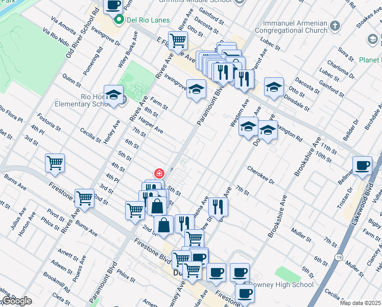 map of restaurants, bars, coffee shops, grocery stores, and more near 8035 7th Street in Downey