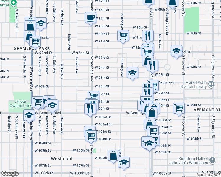 map of restaurants, bars, coffee shops, grocery stores, and more near 1241 West 97th Street in Los Angeles