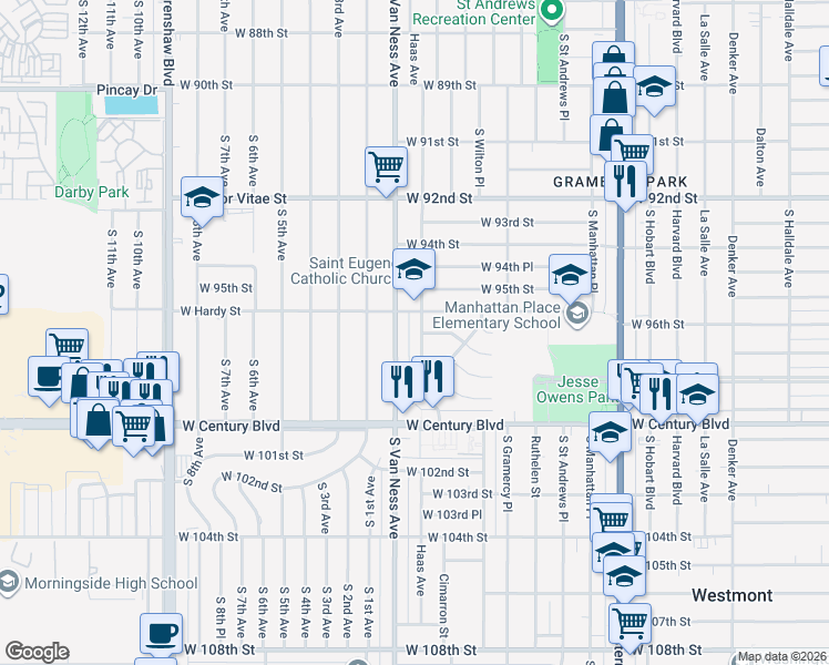 map of restaurants, bars, coffee shops, grocery stores, and more near 9711 Haas Avenue in Los Angeles