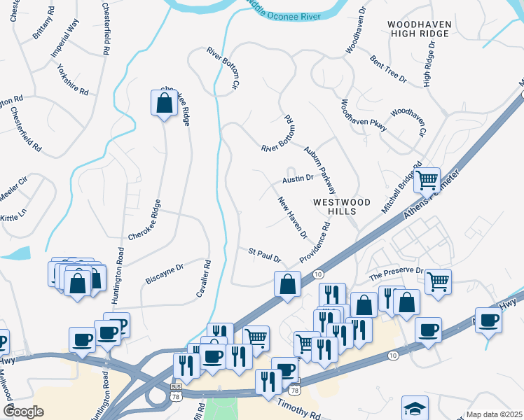 map of restaurants, bars, coffee shops, grocery stores, and more near 140 Urbana Way in Athens