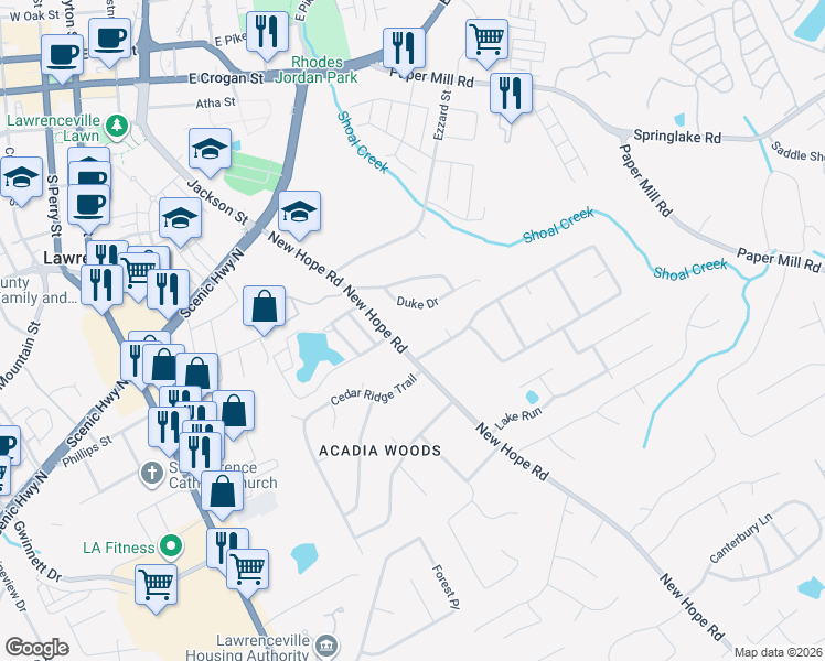 map of restaurants, bars, coffee shops, grocery stores, and more near 292 New Hope Road in Lawrenceville