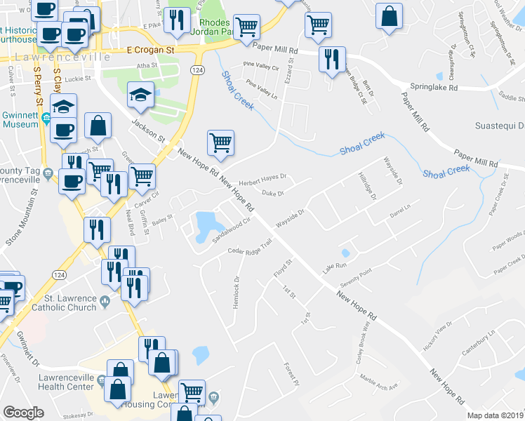 map of restaurants, bars, coffee shops, grocery stores, and more near 1946 New Hope Road in Lawrenceville