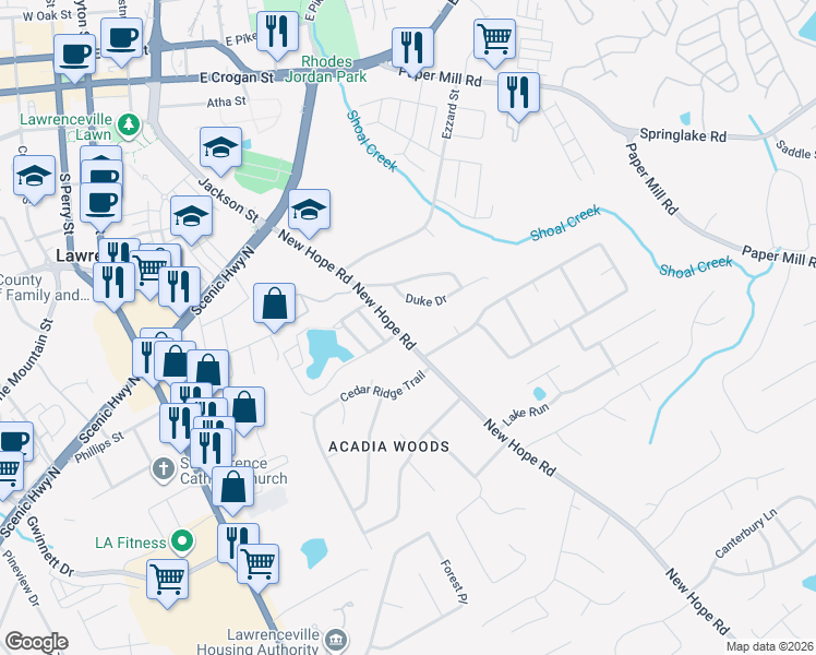 map of restaurants, bars, coffee shops, grocery stores, and more near 1946 New Hope Road in Lawrenceville