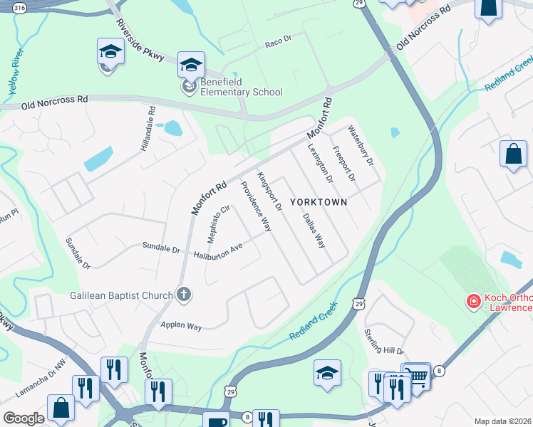 map of restaurants, bars, coffee shops, grocery stores, and more near 1372 Providence Way in Lawrenceville