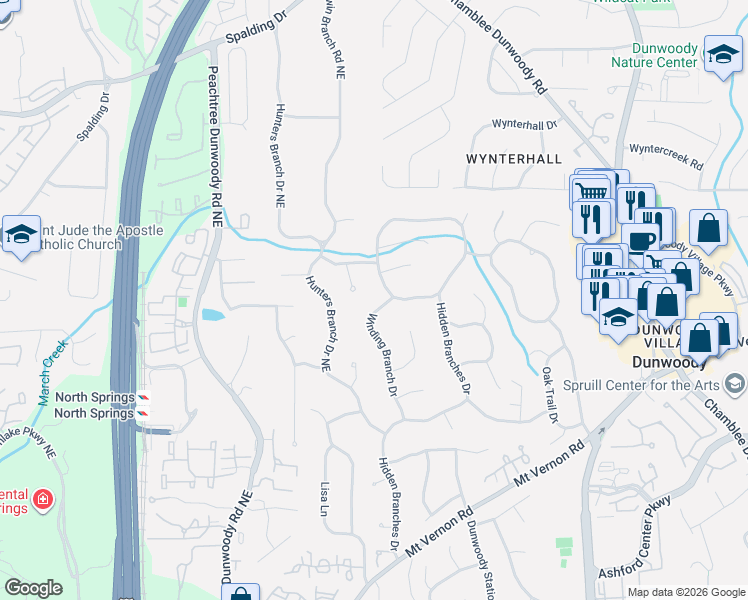map of restaurants, bars, coffee shops, grocery stores, and more near 5092 Winding Branch Drive in Dunwoody
