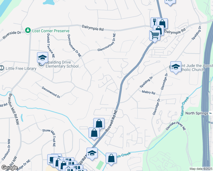 map of restaurants, bars, coffee shops, grocery stores, and more near 7323 Cardigan Circle in Atlanta