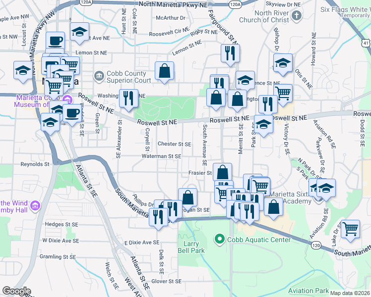 map of restaurants, bars, coffee shops, grocery stores, and more near 145 Doran Avenue in Marietta