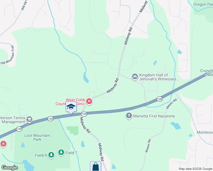 map of restaurants, bars, coffee shops, grocery stores, and more near 250 Midway Road in Marietta