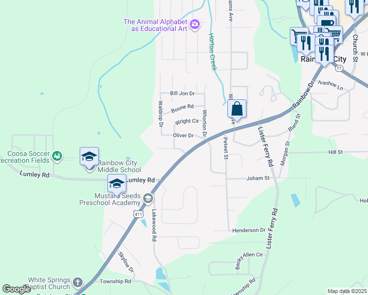 map of restaurants, bars, coffee shops, grocery stores, and more near 3929 Alabama 25 in Rainbow City