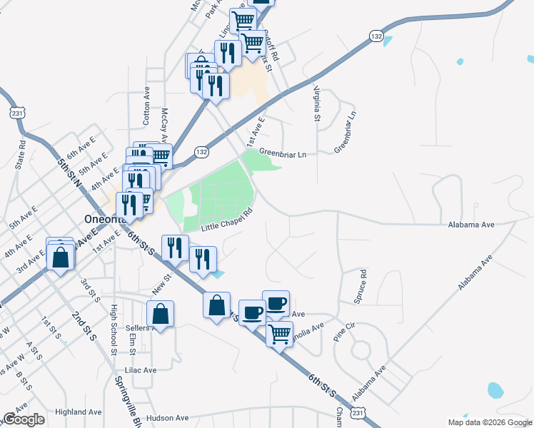 map of restaurants, bars, coffee shops, grocery stores, and more near 91 Azalea Trail in Oneonta