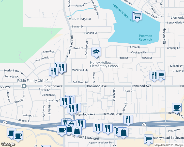 map of restaurants, bars, coffee shops, grocery stores, and more near 11873 Dream Street in Moreno Valley