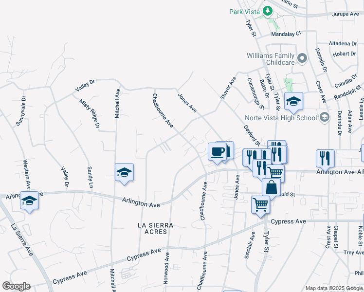 map of restaurants, bars, coffee shops, grocery stores, and more near 6706 Chadbourne Avenue in Riverside