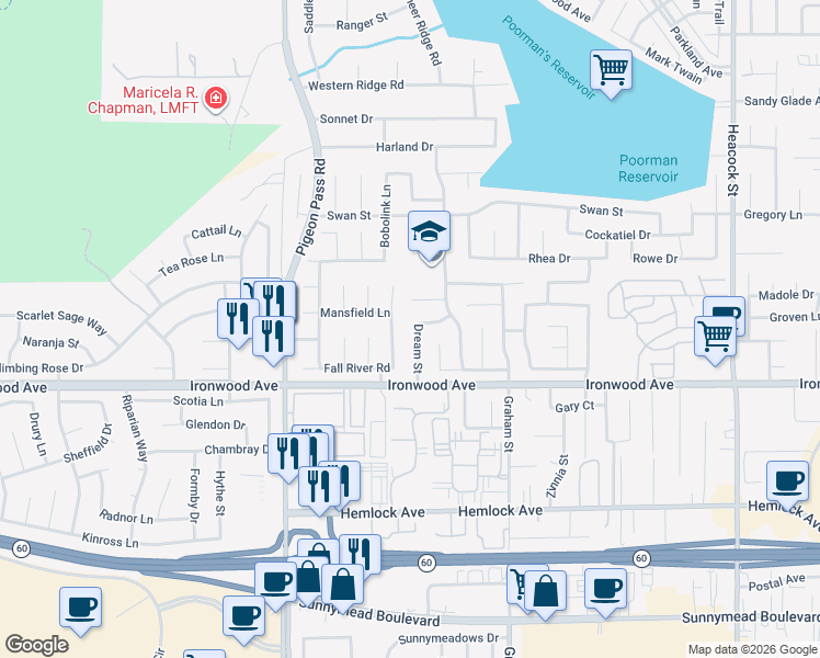 map of restaurants, bars, coffee shops, grocery stores, and more near 11873 Dream Street in Moreno Valley
