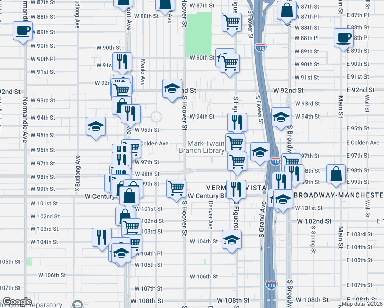 map of restaurants, bars, coffee shops, grocery stores, and more near 645 West 97th Street in Los Angeles