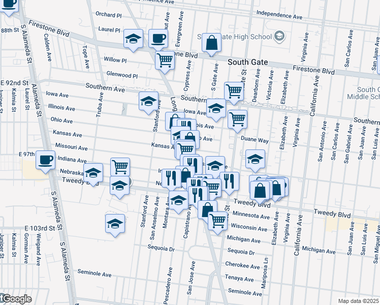 map of restaurants, bars, coffee shops, grocery stores, and more near 9612 Long Beach Boulevard in South Gate
