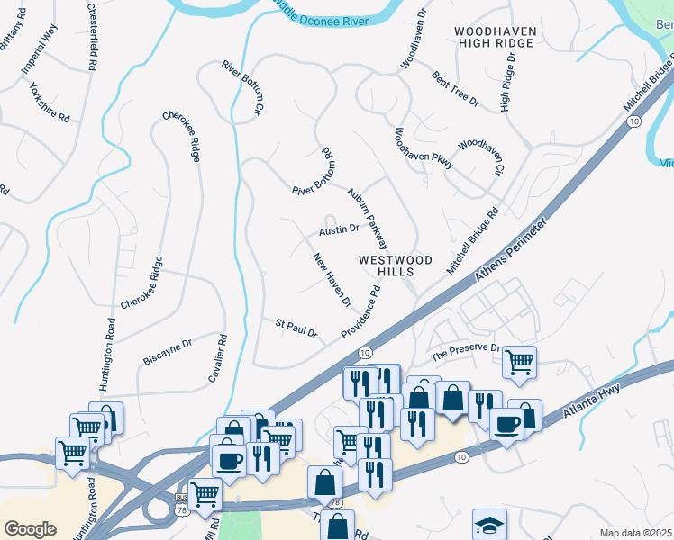 map of restaurants, bars, coffee shops, grocery stores, and more near 165 New Haven Drive in Athens