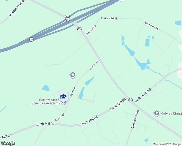 map of restaurants, bars, coffee shops, grocery stores, and more near 986 Austin Road in Winder