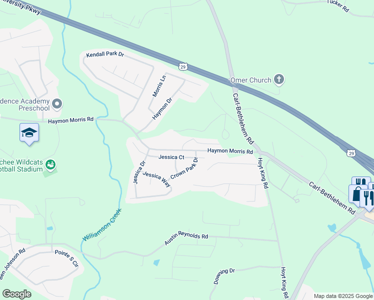 map of restaurants, bars, coffee shops, grocery stores, and more near 1505 Farmington Way in Winder
