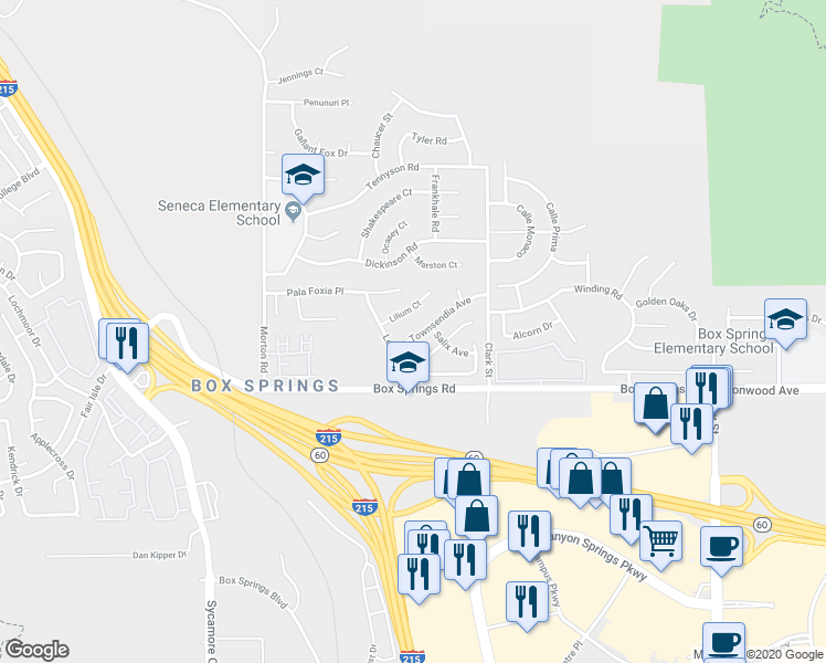 map of restaurants, bars, coffee shops, grocery stores, and more near 21354 Townsendia Avenue in Moreno Valley