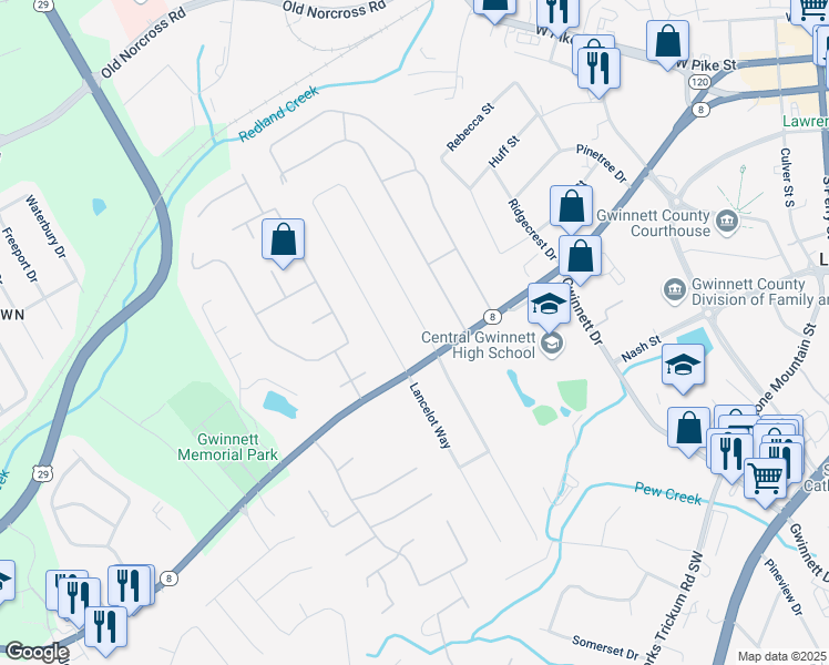 map of restaurants, bars, coffee shops, grocery stores, and more near 188 Regal Drive Northwest in Lawrenceville