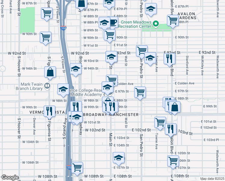 map of restaurants, bars, coffee shops, grocery stores, and more near 9704 South Main Street in Los Angeles