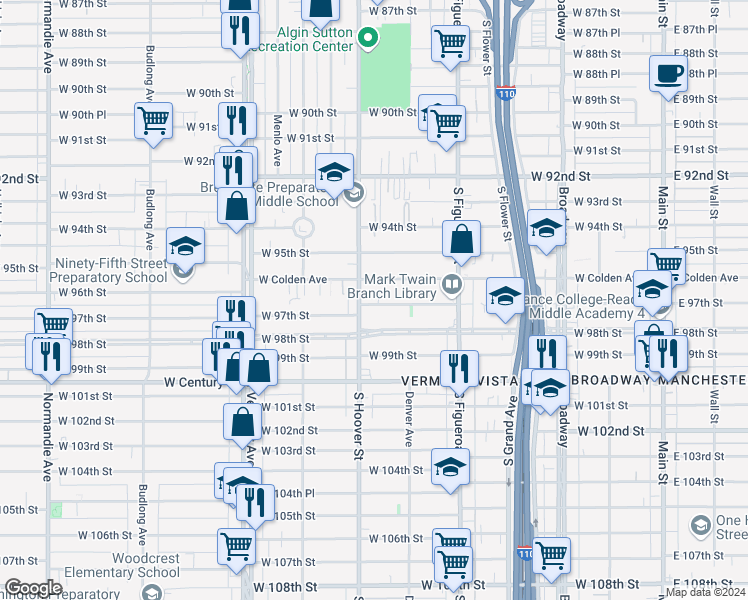 map of restaurants, bars, coffee shops, grocery stores, and more near 701 West 97th Street in Los Angeles