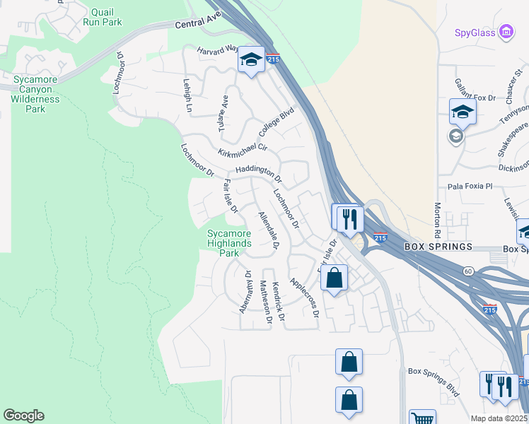 map of restaurants, bars, coffee shops, grocery stores, and more near 5602 Allendale Drive in Riverside