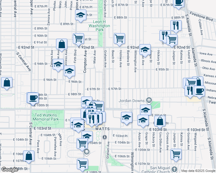 map of restaurants, bars, coffee shops, grocery stores, and more near 9703 Beach Street in Los Angeles