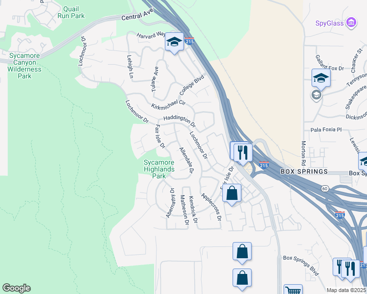 map of restaurants, bars, coffee shops, grocery stores, and more near 5602 Allendale Drive in Riverside