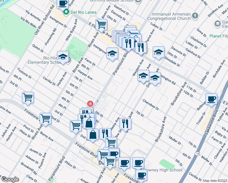 map of restaurants, bars, coffee shops, grocery stores, and more near 10535 Myrtle Street in Downey