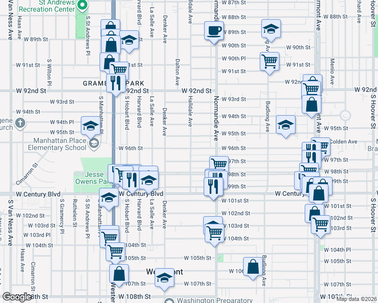 map of restaurants, bars, coffee shops, grocery stores, and more near 1500 West 96th Street in Los Angeles