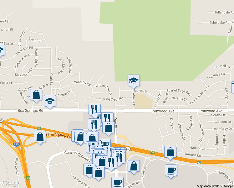 map of restaurants, bars, coffee shops, grocery stores, and more near 11875 Constantine Circle in Moreno Valley