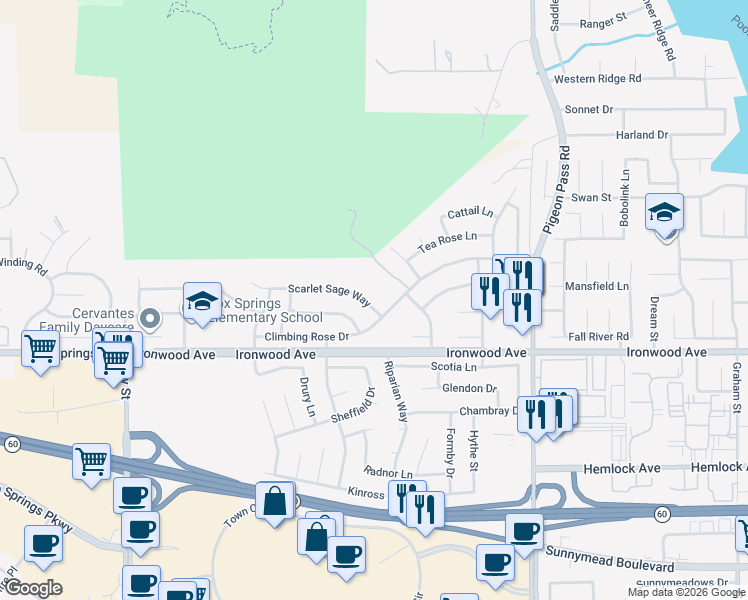 map of restaurants, bars, coffee shops, grocery stores, and more near 22593 Scarlet Sage Way in Moreno Valley
