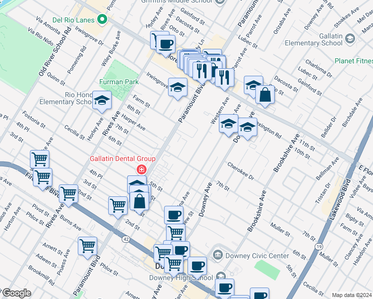 map of restaurants, bars, coffee shops, grocery stores, and more near 10520 Myrtle Street in Downey