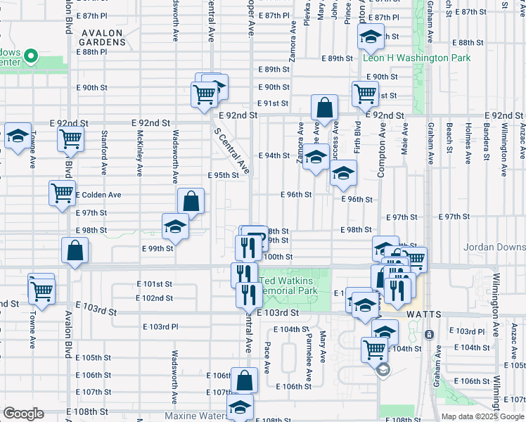 map of restaurants, bars, coffee shops, grocery stores, and more near 9708 South Central Avenue in Los Angeles