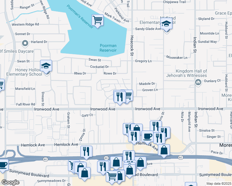 map of restaurants, bars, coffee shops, grocery stores, and more near 23820 Ironwood Avenue in Moreno Valley