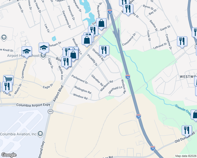 map of restaurants, bars, coffee shops, grocery stores, and more near 2032 Gibraltar Road in Cayce