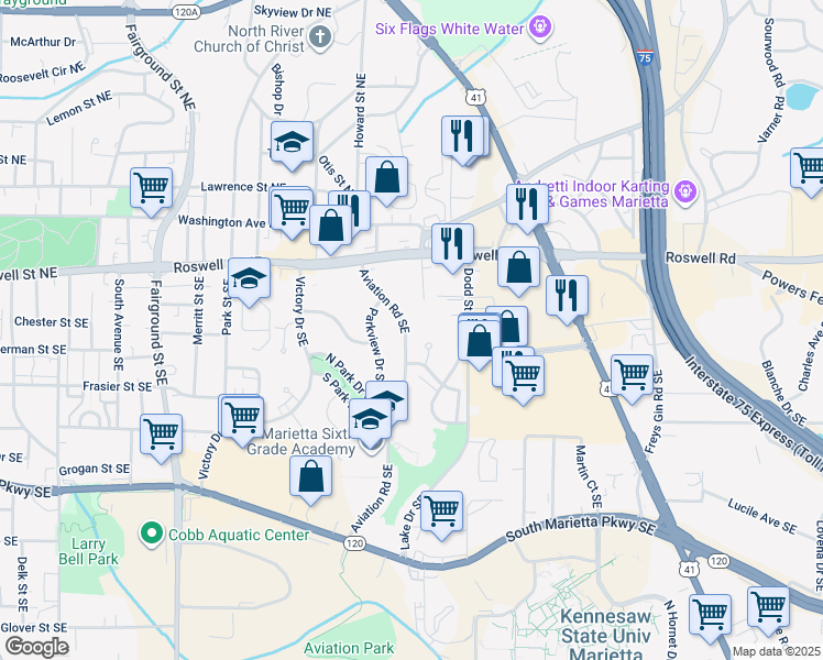 map of restaurants, bars, coffee shops, grocery stores, and more near 137 Aviation Road Southeast in Marietta