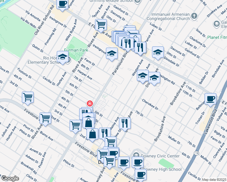map of restaurants, bars, coffee shops, grocery stores, and more near 10535 Myrtle Street in Downey