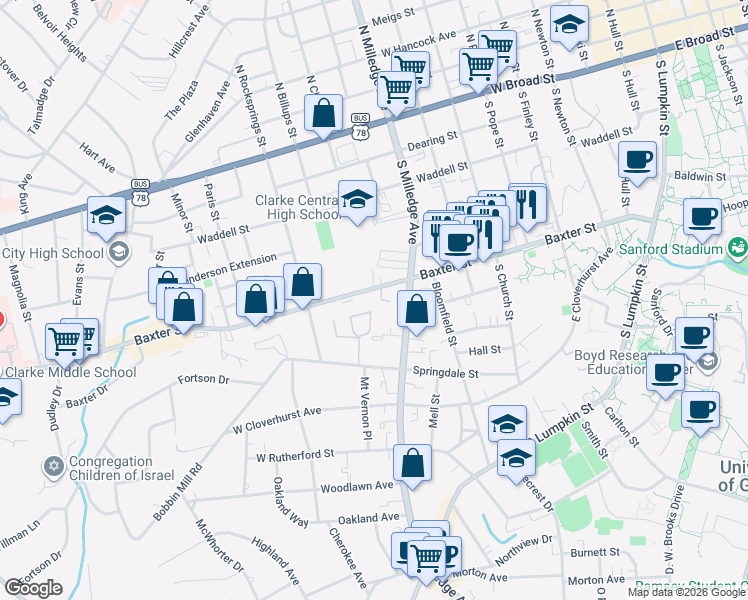map of restaurants, bars, coffee shops, grocery stores, and more near 957 Baxter Street in Athens
