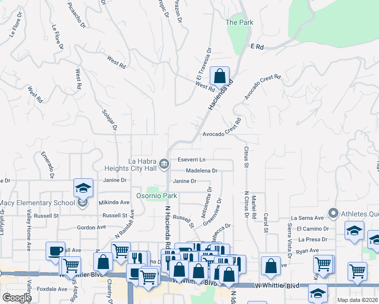 map of restaurants, bars, coffee shops, grocery stores, and more near 144 Villa Rita Drive in La Habra Heights