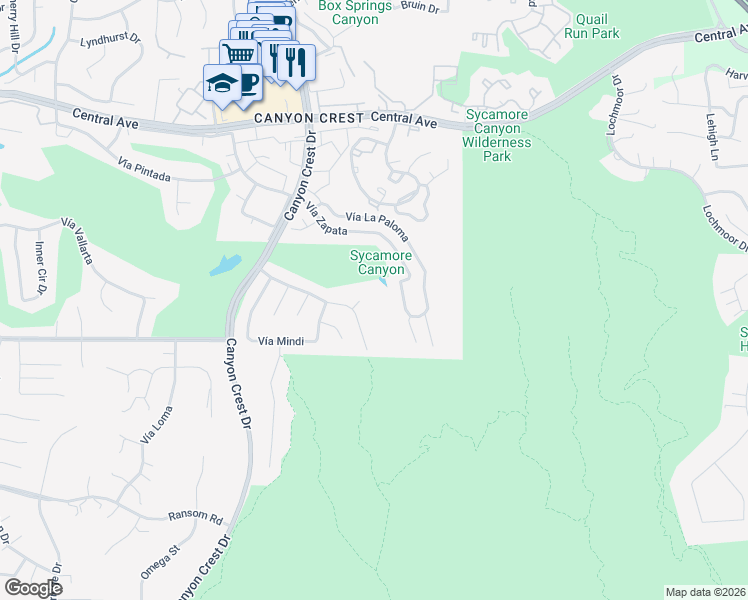map of restaurants, bars, coffee shops, grocery stores, and more near 538 Vía Zapata in Riverside