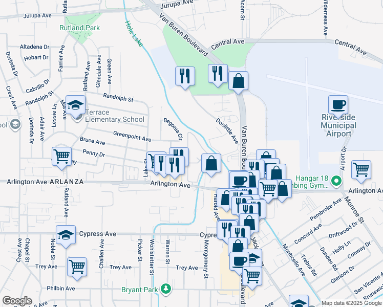 map of restaurants, bars, coffee shops, grocery stores, and more near 7911 Arlington Avenue in Riverside