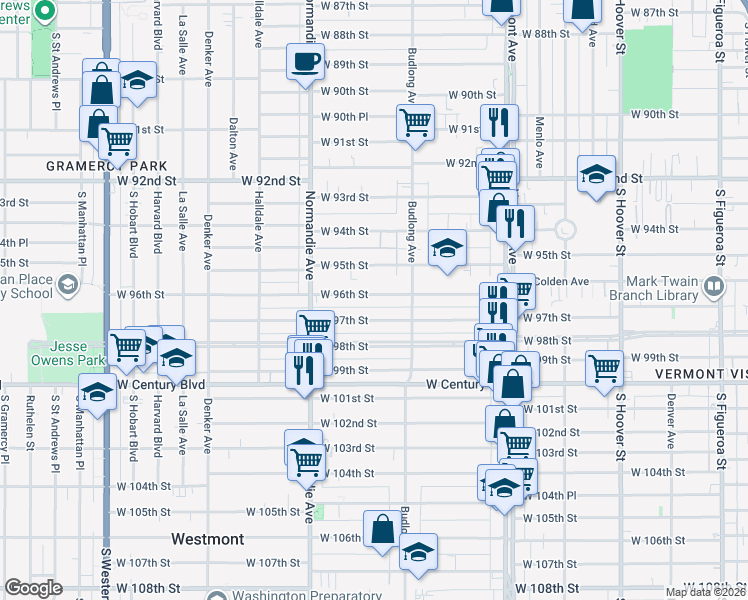 map of restaurants, bars, coffee shops, grocery stores, and more near 1241 West 97th Street in Los Angeles