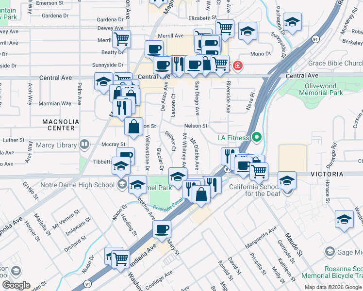 map of restaurants, bars, coffee shops, grocery stores, and more near 6708 Mount Whitney Avenue in Riverside