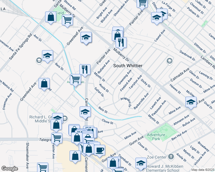 map of restaurants, bars, coffee shops, grocery stores, and more near 13414 Mystic Street in Whittier